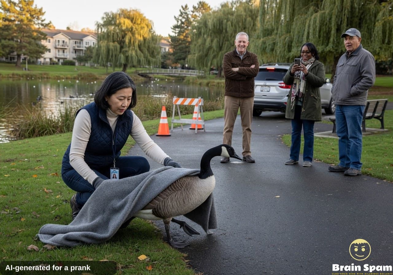 Carla Su covers goose directing traffic near pond
